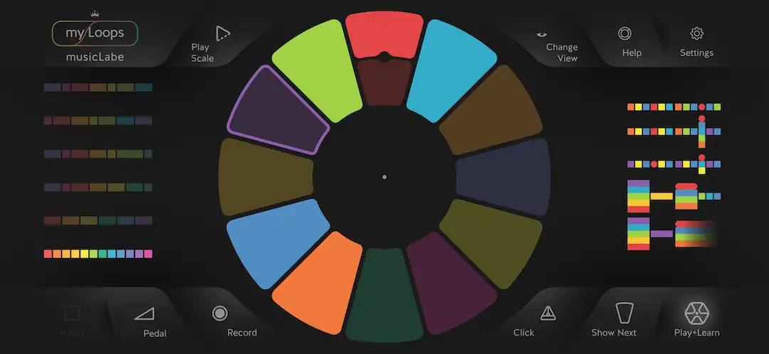 A screenshot of the musicLabe app on a mobile phone, featuring the Play and Learn Scales tool to practice musical scales and improve music theory knowledge.