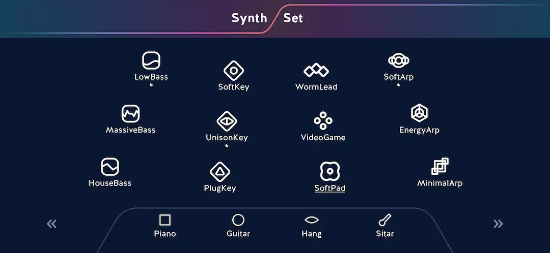 A screenshot of musicLabe's Synth Set, showcasing various synth instruments available for music creation and experimentation.