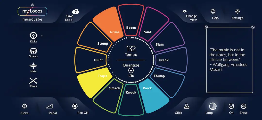 Screenshot of musicLabe’s loop builder with tempo and drum pattern controls